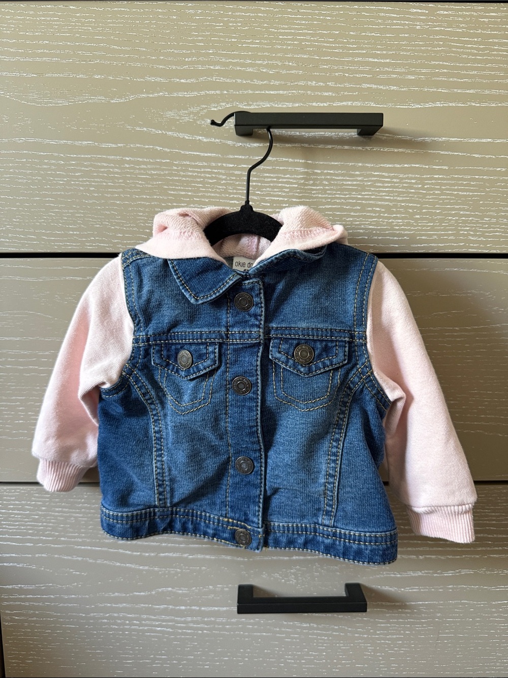 okie dokie Blue Denim Jacket with Pink Hoodie Sleeves